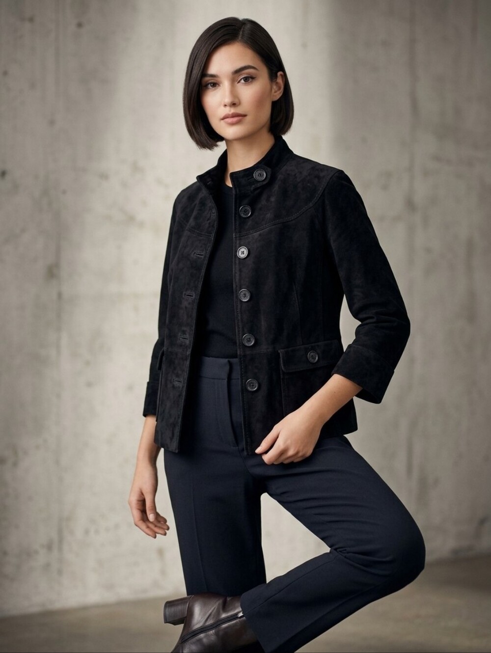 Danier suede short jacket coat black XS button mod style retro 3/4 sleeves
